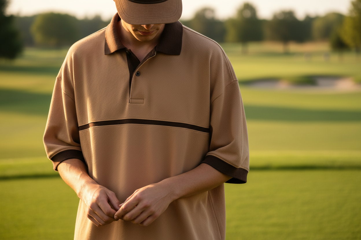 Beige Polo Shirt with Brown Accents and a Brown Stripe