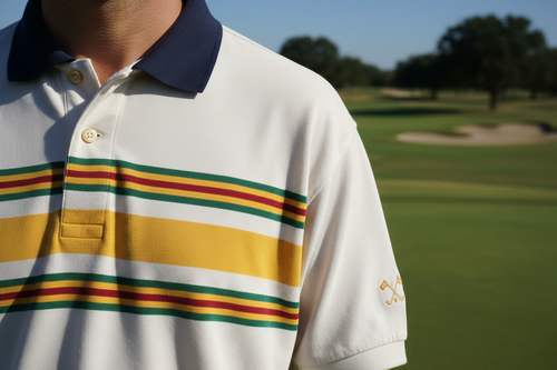 Close-up of a person wearing a striped polo shirt on a golf course
